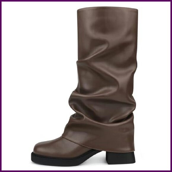 Slouchy Mid Calf Boots 2 Inch Block Heel Square Toe Pull On Booties - Picture 2 of 8